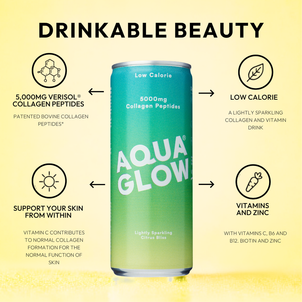 A promotional graphic for a Aqua Glow Citrus Bliss on a pale yellow background. The can is green-to-blue gradient with white branding.