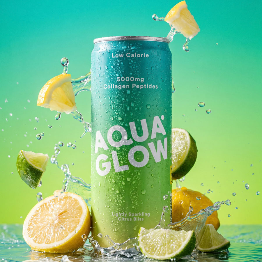 A Citrus Bliss AQUA GLOW can stands upright in a splash of water with lemon slices and lime wedges around it. The can has a blue-to-green gradient and visible water droplets, with text reading 'Low Calorie' and '5000mg Collagen Peptides.